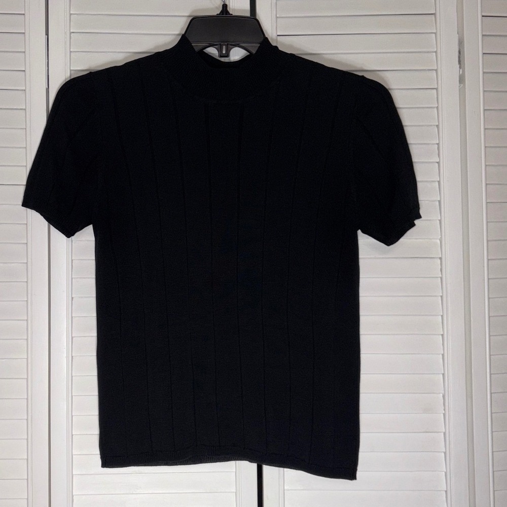 Amanda Smith Black Silk Blend Ribbed Mock Neck Short Sleeve Knit Top Medium